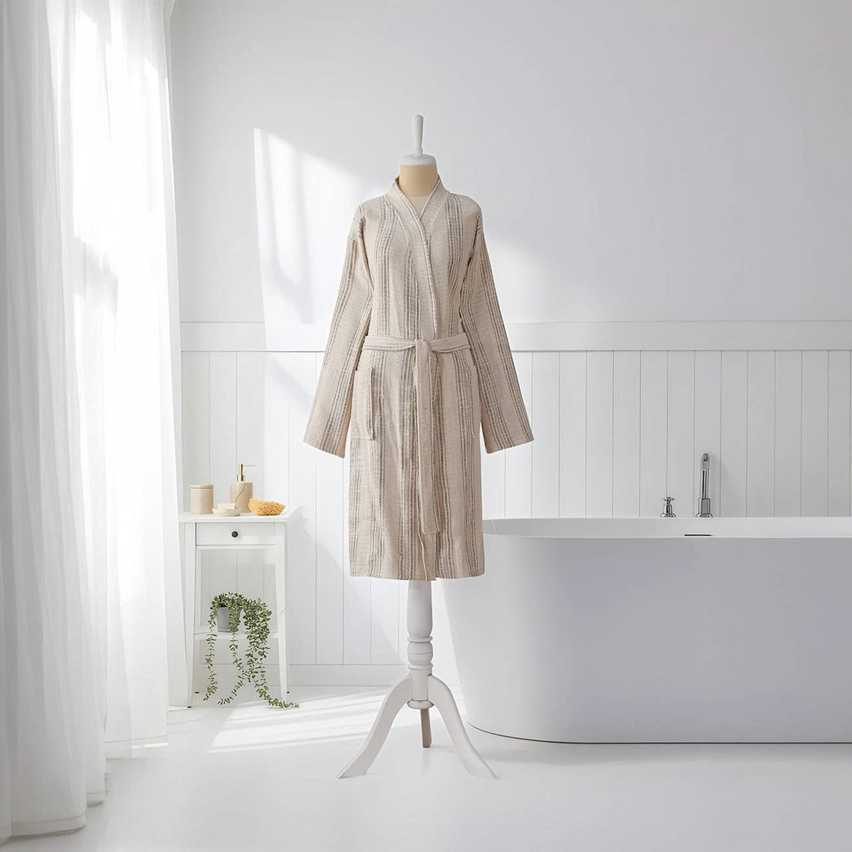 Santorini Turkish kimono bathrobe – Tan Stripe | Kikoya