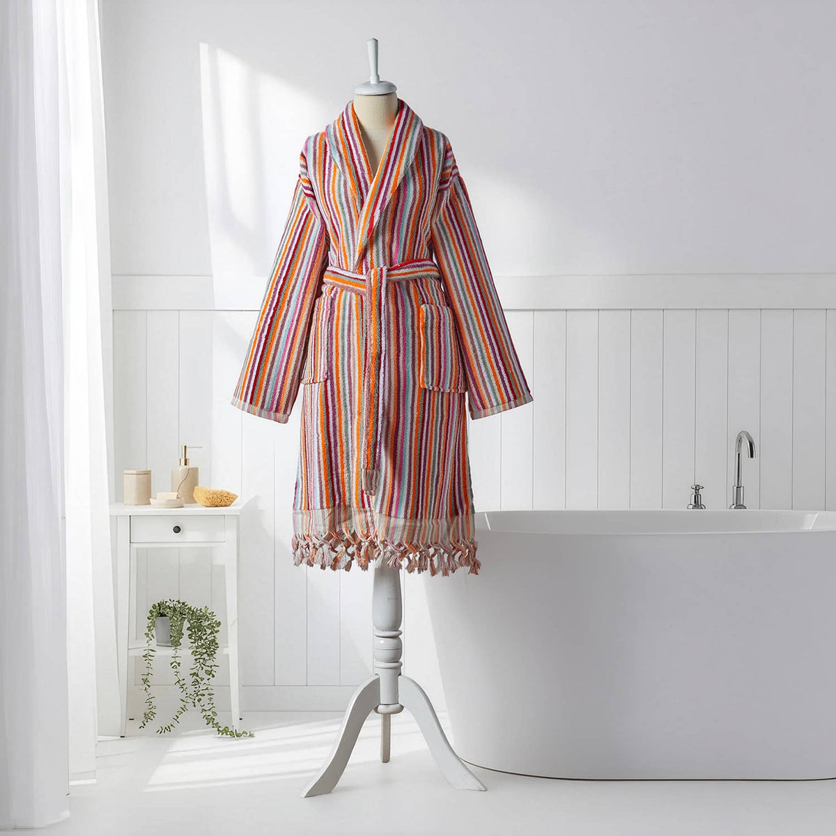 Pompom Turkish bathrobe – Pink Multi Stripe, Shawl Collar, full-length view | Kikoya