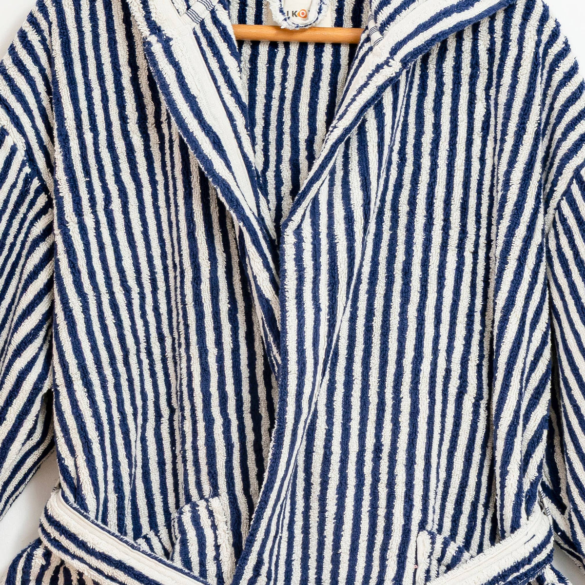 Pompom Turkish bathrobe – Navy & White Stripe, Hooded, side view | Kikoya