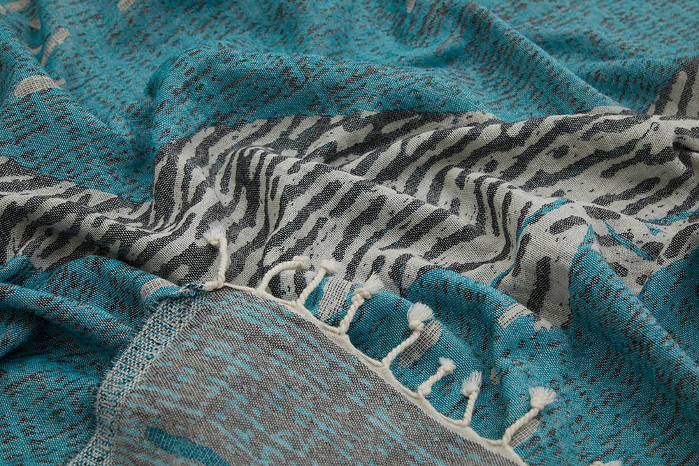 Whale Turkish beach towel, woven whale jacquard on teal, 35x70 in | Kikoya