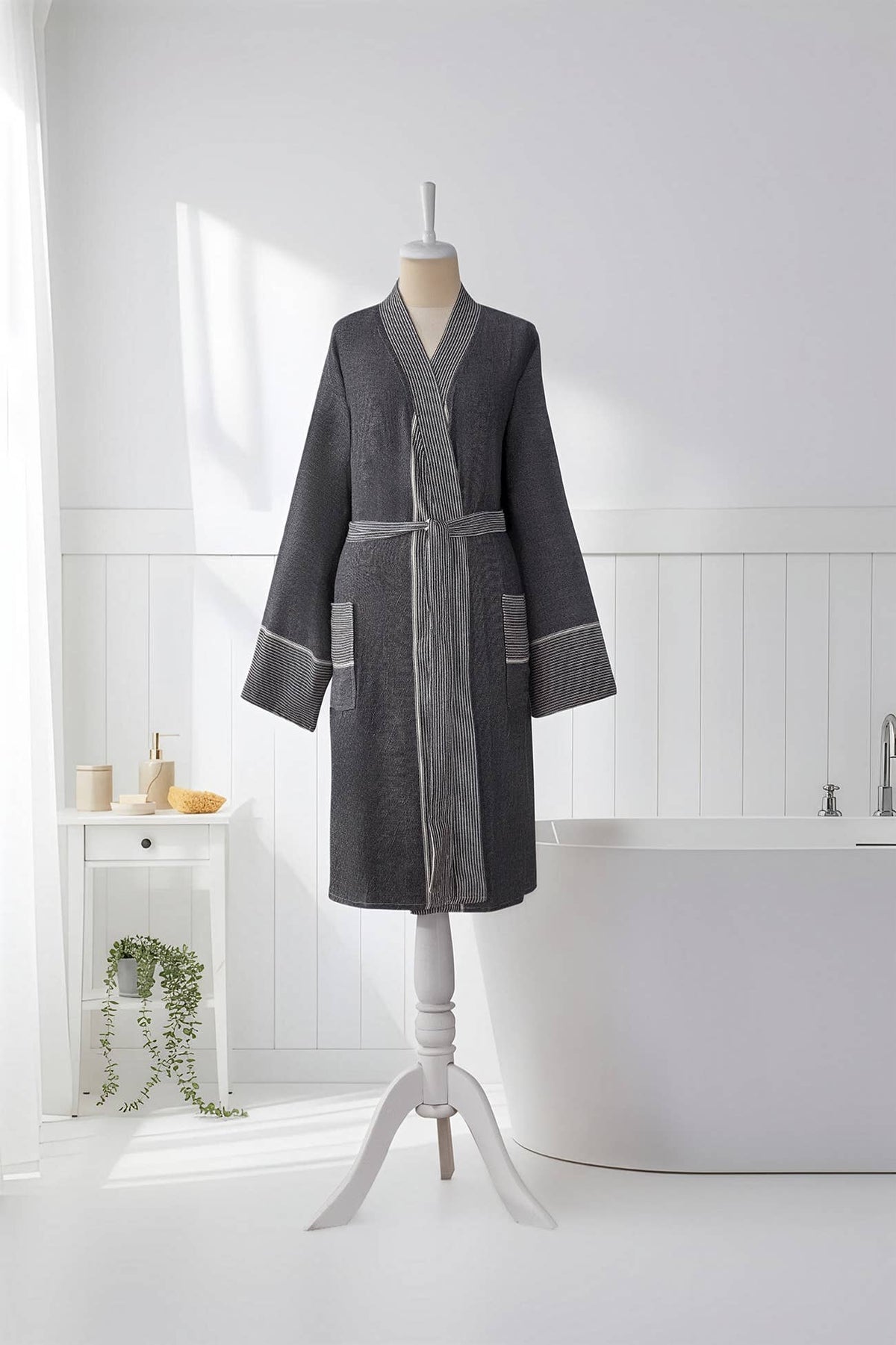 Ribbed Turkish cotton bathrobe in charcoal – kimono, belted | Kikoya