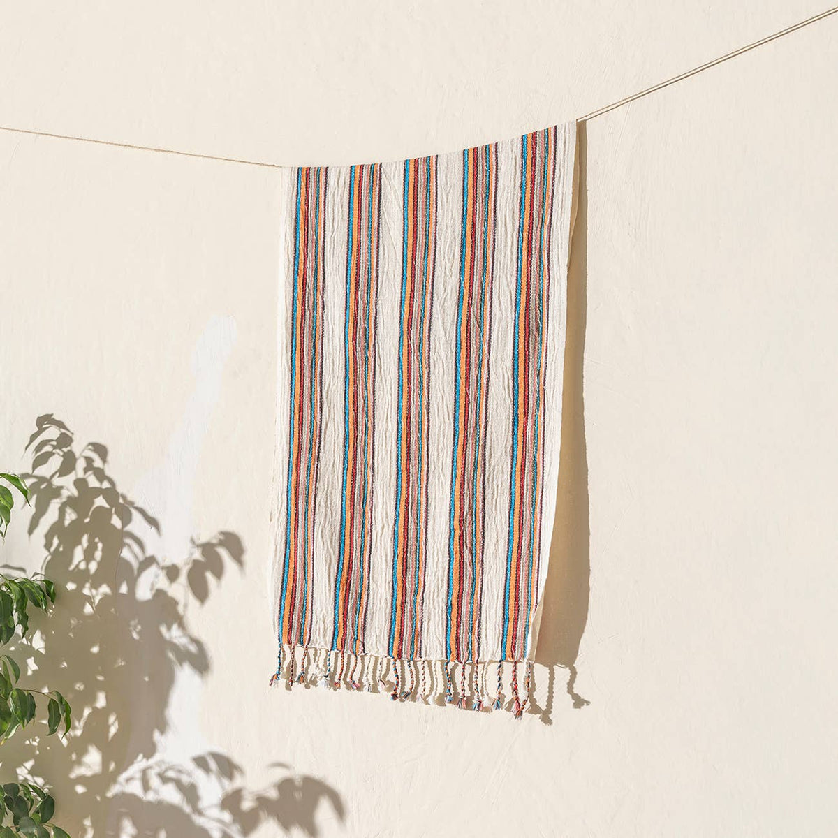 Multi stripe Turkish peshtemal towel with twisted tassels, bath and hand sizes | Kikoya