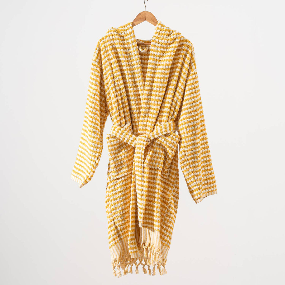Pompom Turkish bathrobe – Mustard, Hooded, alternate view | Kikoya
