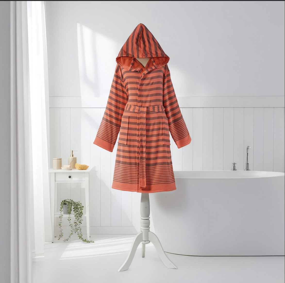 Chakra terry-backed Turkish bathrobe, hooded, tonal ombré stripe | Kikoya