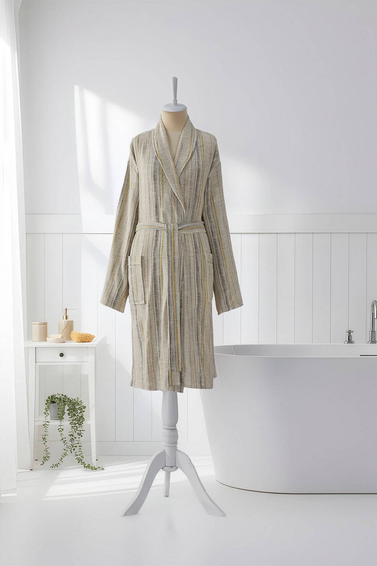 Textured stripe Turkish cotton bathrobe in olive & beige – shawl collar | Kikoya