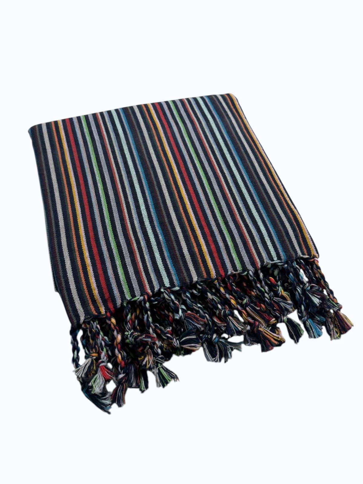Premium rustic Turkish beach towel in fine multicolour stripes on slate | Kikoya