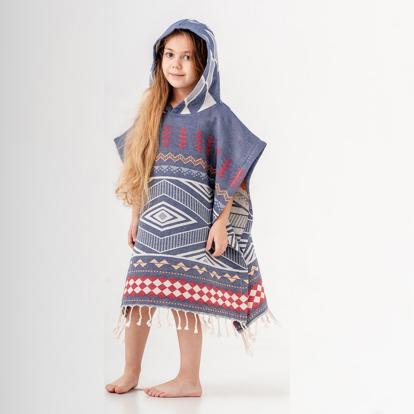 Boho Navy Hooded Towel Changing Poncho for Kids