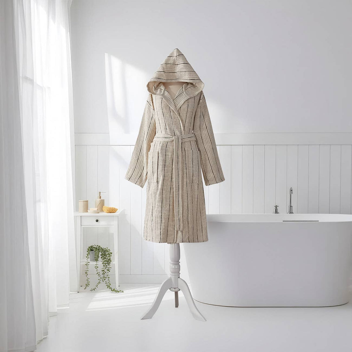 Santorini Turkish hooded bathrobe – Taupe Stripe | Kikoya