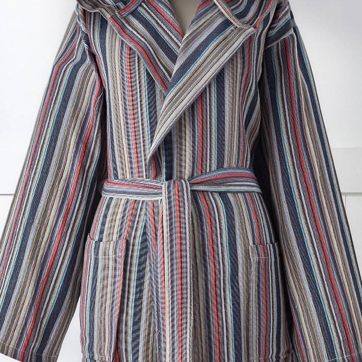 Fine stripe Turkish cotton bathrobe in berry & grey – hooded | Kikoya