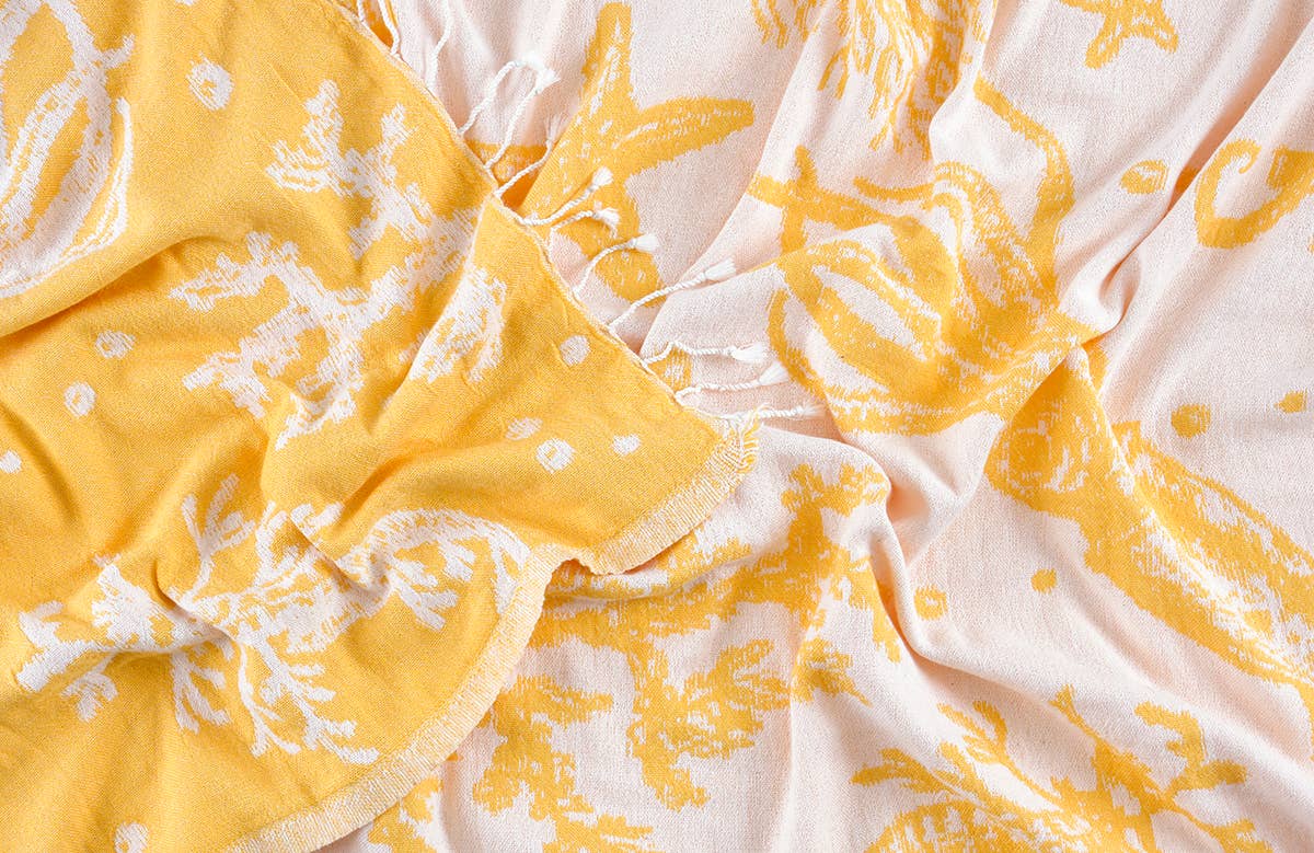 Ocean Turkish beach towel with a woven sea-life jacquard, 33x66 in | Kikoya