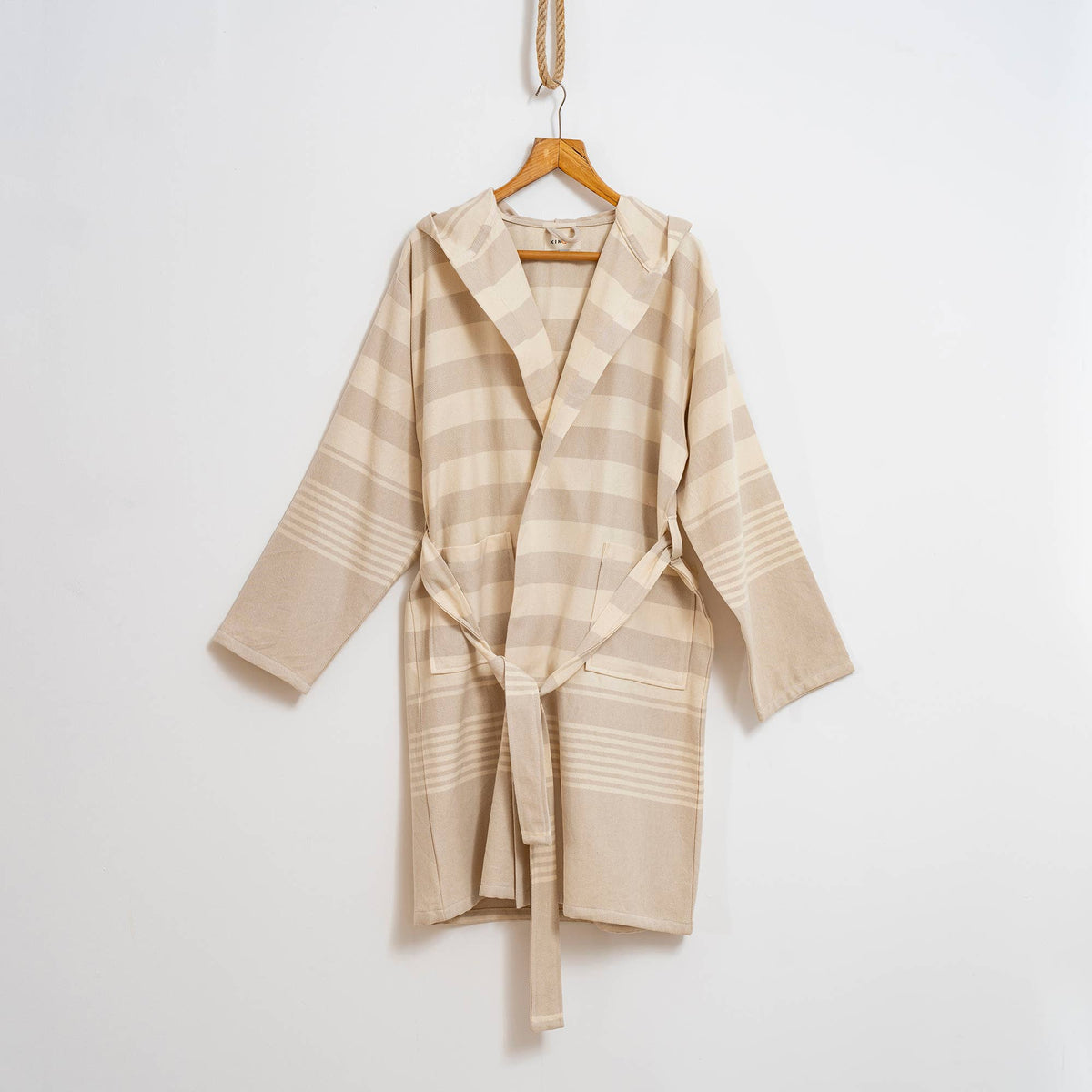 Rumi wide stripe Turkish bathrobe – hooded | Kikoya