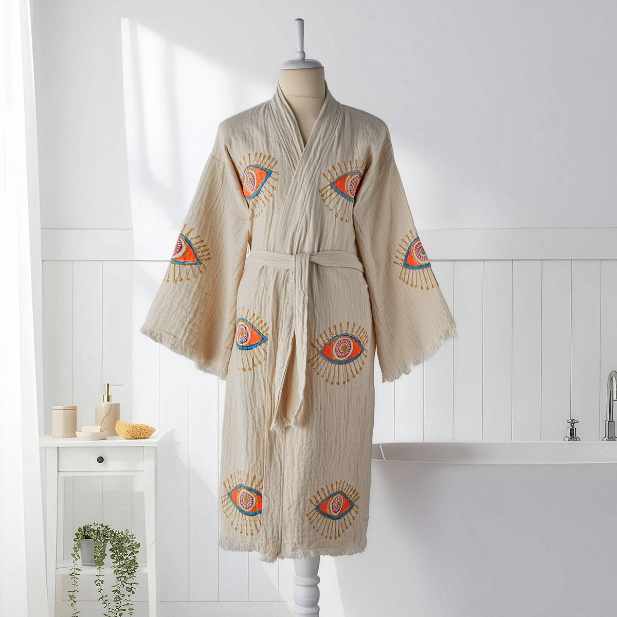 Block-print Turkish cotton kimono robe – Evil Eye Coral & Blue | Kikoya