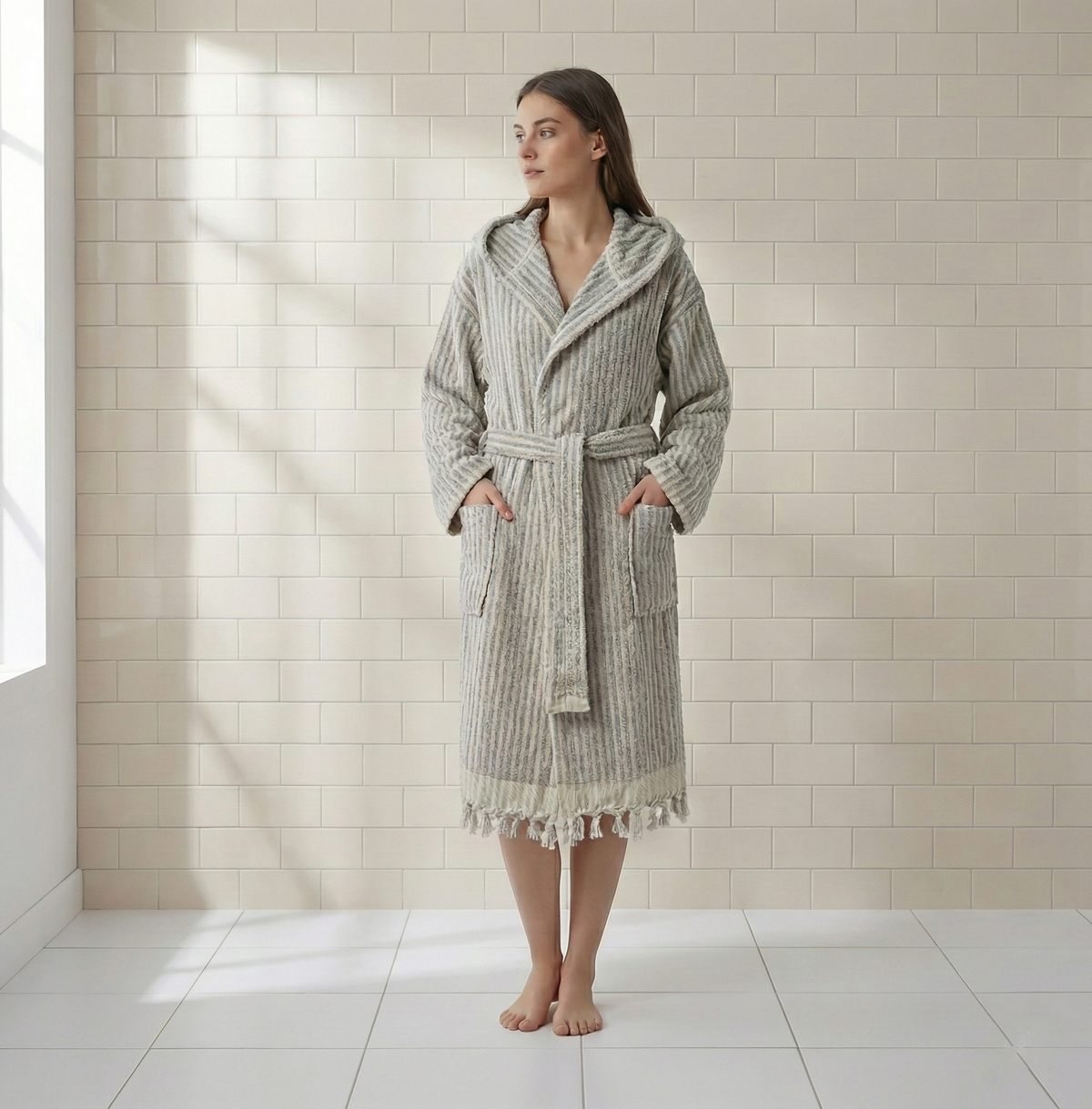 Pompom Turkish bathrobe – Grey & White Stripe, Hooded, styled view | Kikoya