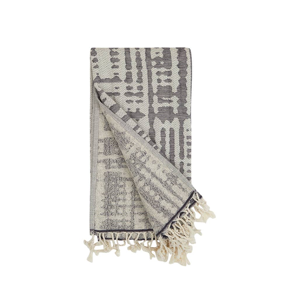 Vintage terry-backed Turkish towel with faded block jacquard, 35x70 in | Kikoya