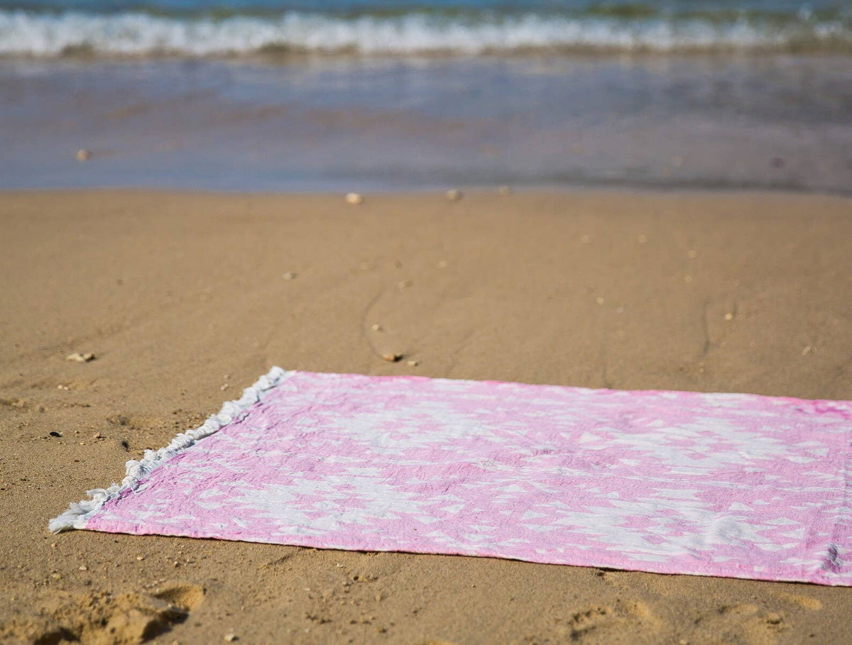 Kilim Turkish beach towel with all-over ikat motif, 33x66 in, bright tones | Kikoya