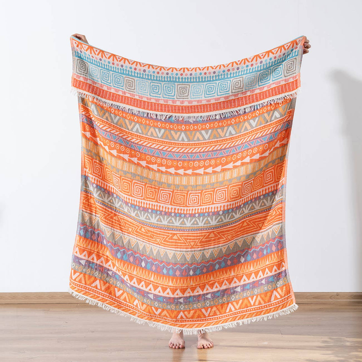 Ethnic Turkish cotton throw blanket – tribal stripe, Orange, full length view | Kikoya