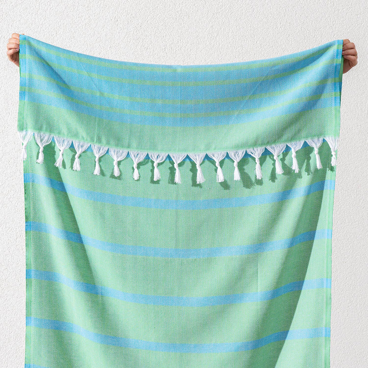 Luxe Herringbone Turkish towel – Green/Turquoise, green with turquoise stripes, fringe detail | Kikoya