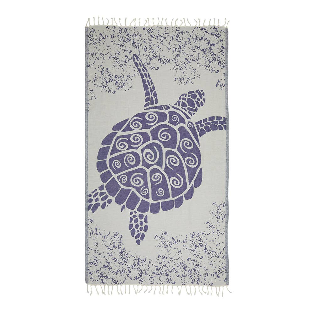 Sea Turtle Turkish beach towel with woven turtle jacquard, 35x70 in | Kikoya