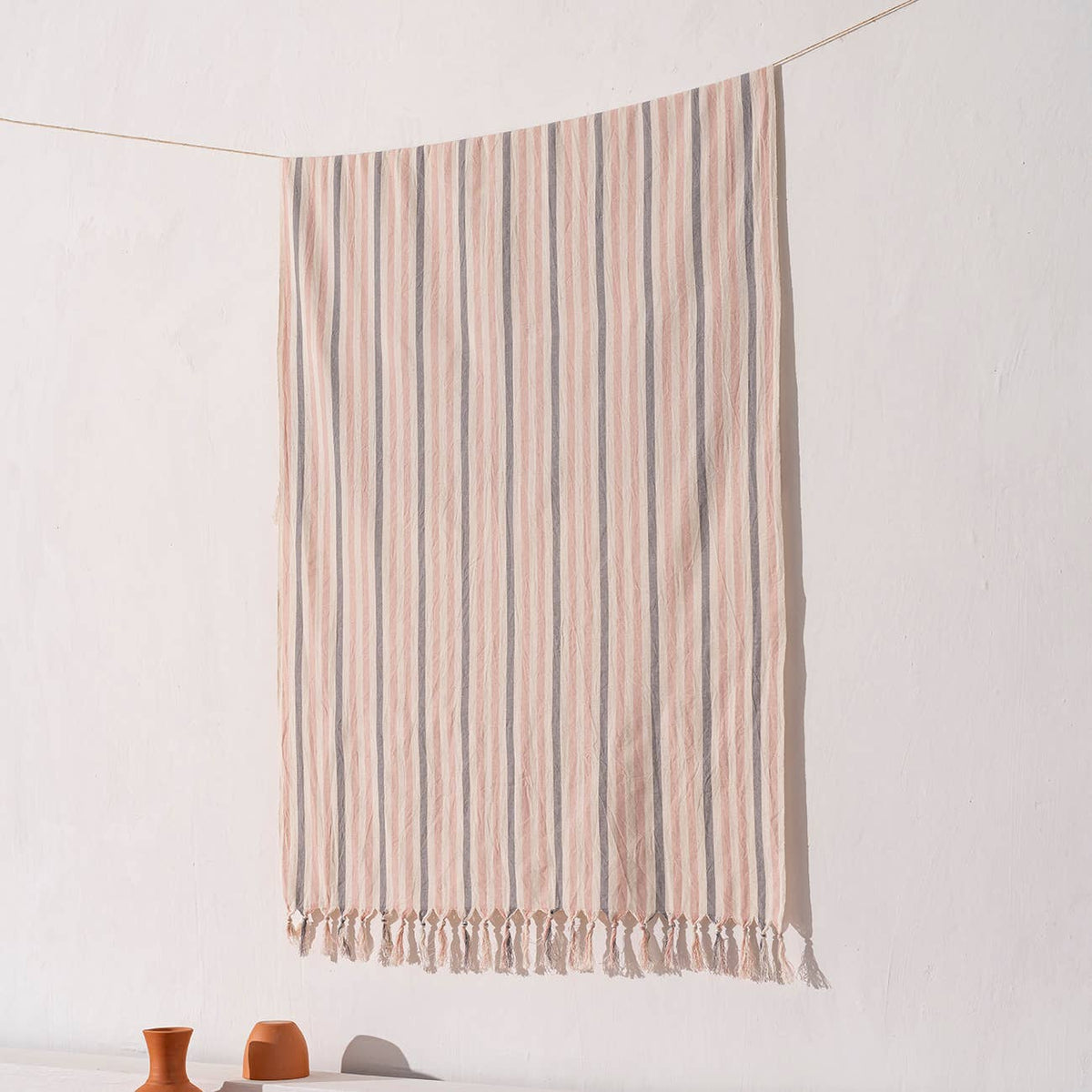 Premium Rustic Turkish beach towel in blush ticking stripe with tassels, 33x66 in | Kikoya