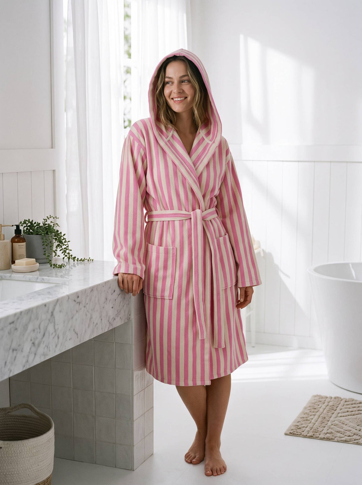 Zebra stripe Turkish hooded bathrobe – Pink & Cream | Kikoya