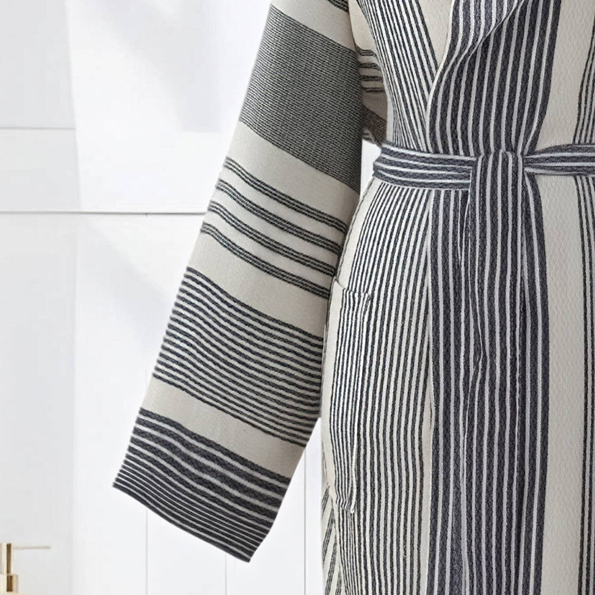 Ribbed Turkish cotton bathrobe – hooded, contrast bands | Kikoya