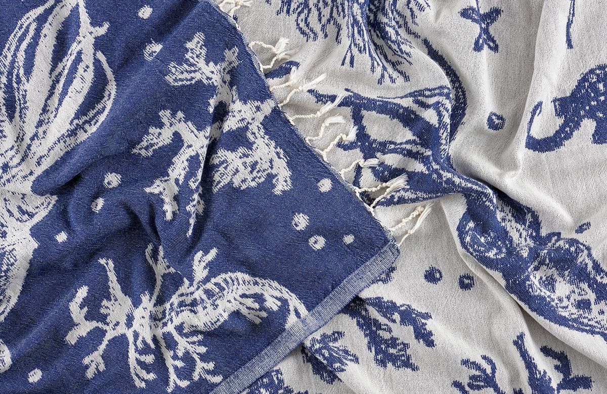 Ocean Turkish beach towel with a woven sea-life jacquard, 33x66 in | Kikoya