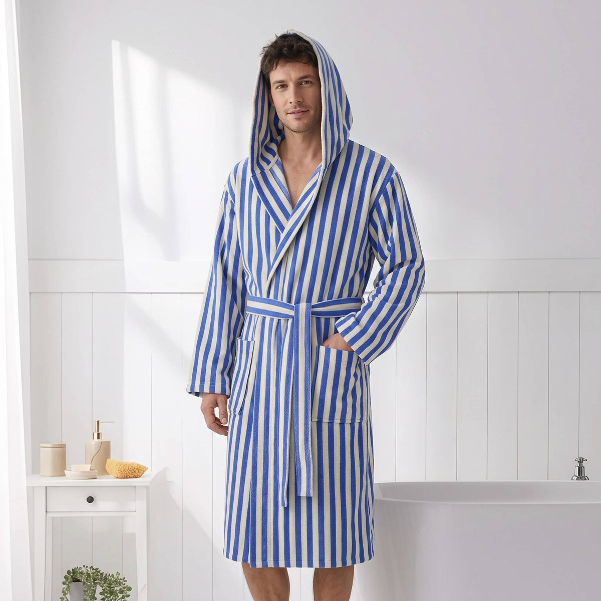 Zebra stripe Turkish hooded bathrobe – Blue & Cream | Kikoya