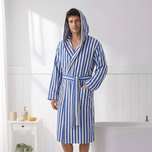 Zebra stripe Turkish hooded bathrobe – Blue & Cream | Kikoya