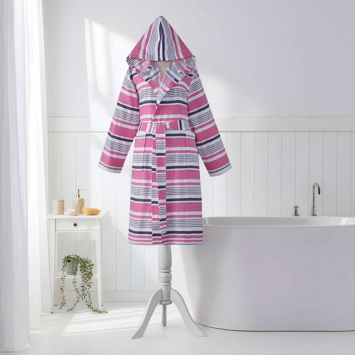 Multi stripe Turkish bathrobe in pink & purple – hooded | Kikoya