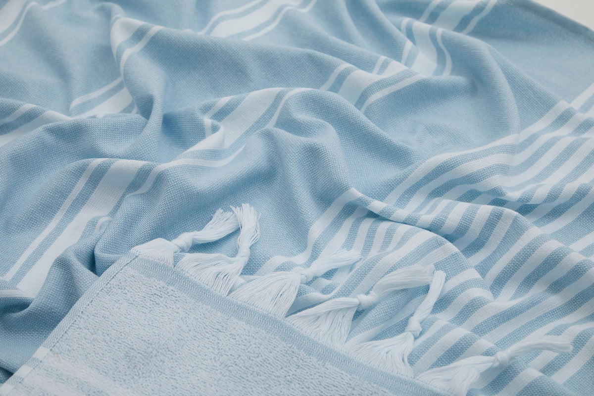 Arma terry-backed Turkish towel in fine green pinstripe | Kikoya