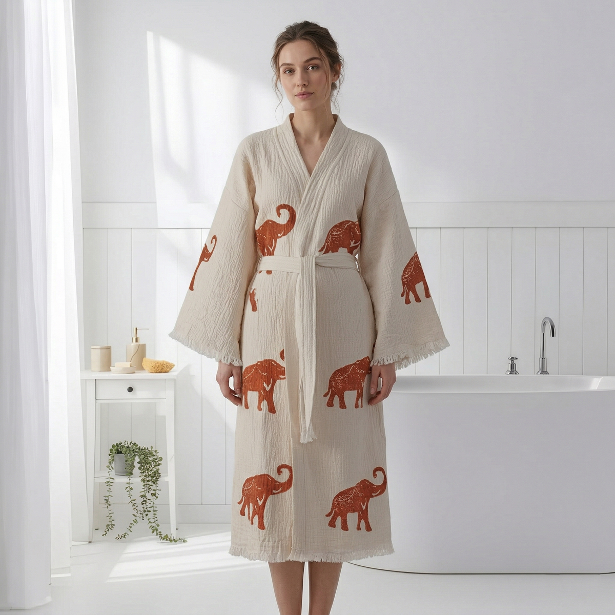 Block-print Turkish cotton kimono robe – Elephant Terracotta | Kikoya