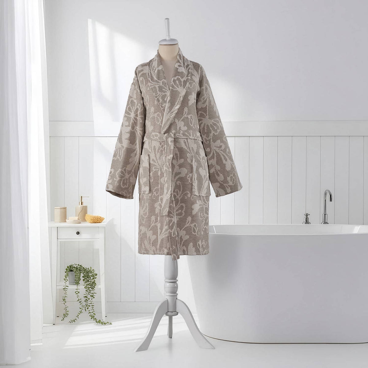Garden raised terry Turkish bathrobe, shawl collar, taupe botanical jacquard | Kikoya
