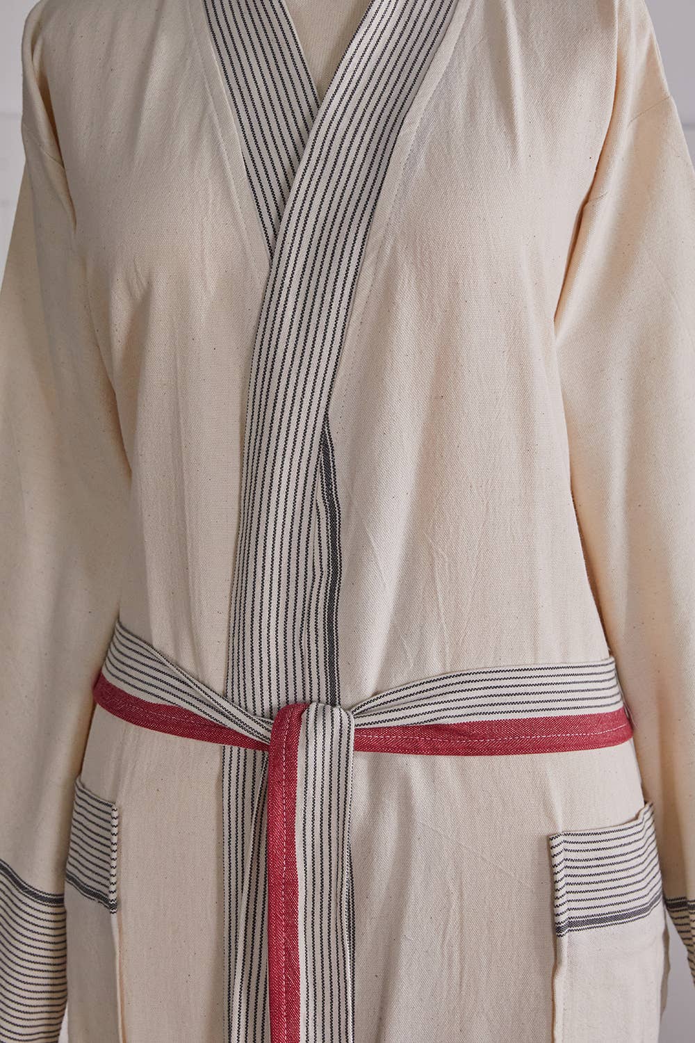 Ribbed Turkish cotton bathrobe in cream & burgundy – kimono | Kikoya