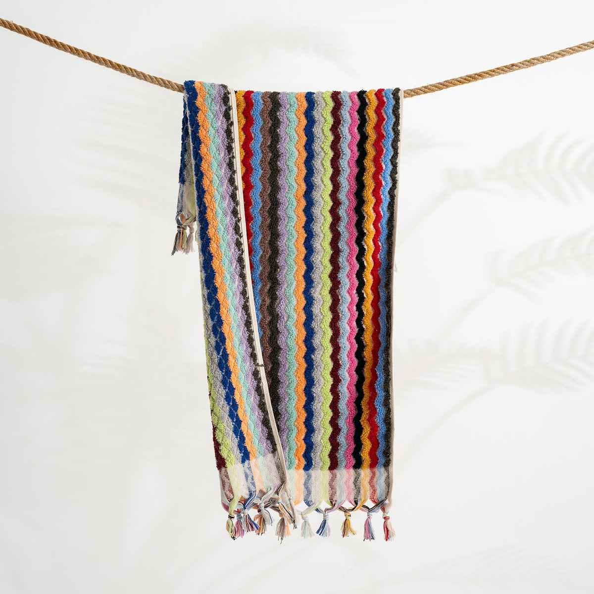 Pompom zigzag Turkish hand towel in multicolour chevron, 17x38 in, handloomed | Kikoya