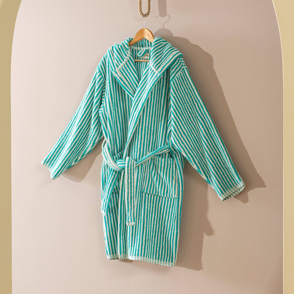 Pompom Turkish bathrobe – Green & White Stripe, Hooded, styled view | Kikoya