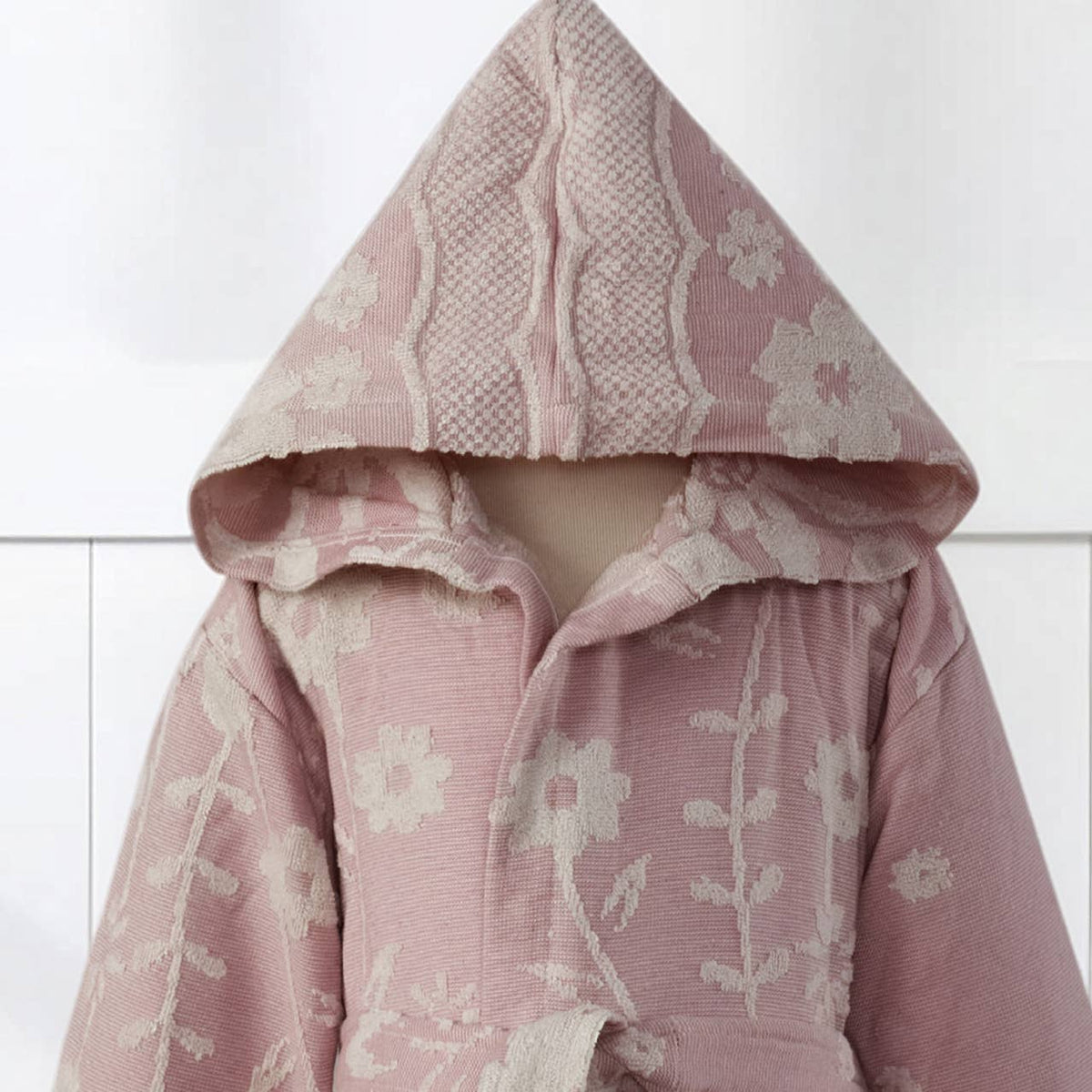Daisy kids Turkish bathrobe – floral jacquard, hooded, ages 5-8 | Kikoya