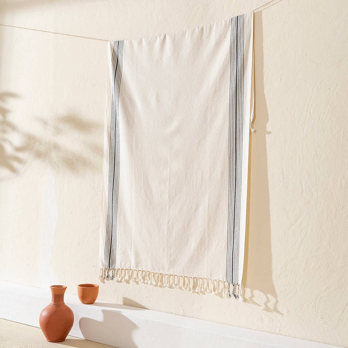 Paola honeycomb Turkish beach towel, cream with grey and navy stripe | Kikoya
