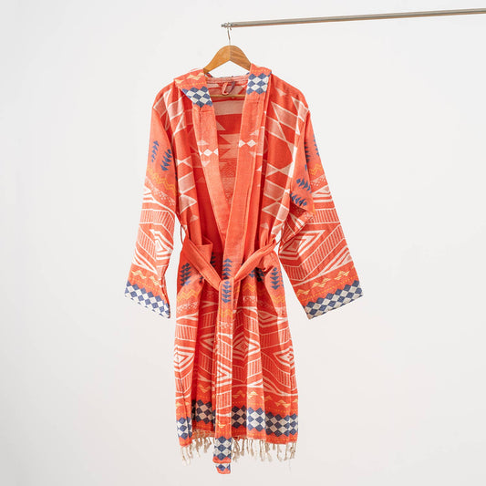 Tribal flat-woven Turkish bathrobe in coral & navy – kimono, fringed hem | Kikoya