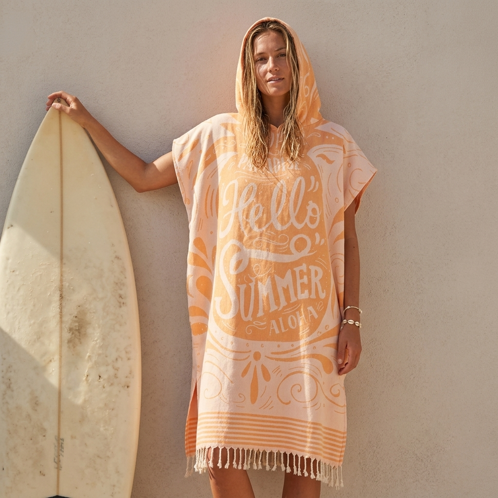 Hello Summer Adult Hooded Changing Poncho – Print, styled view | Kikoya