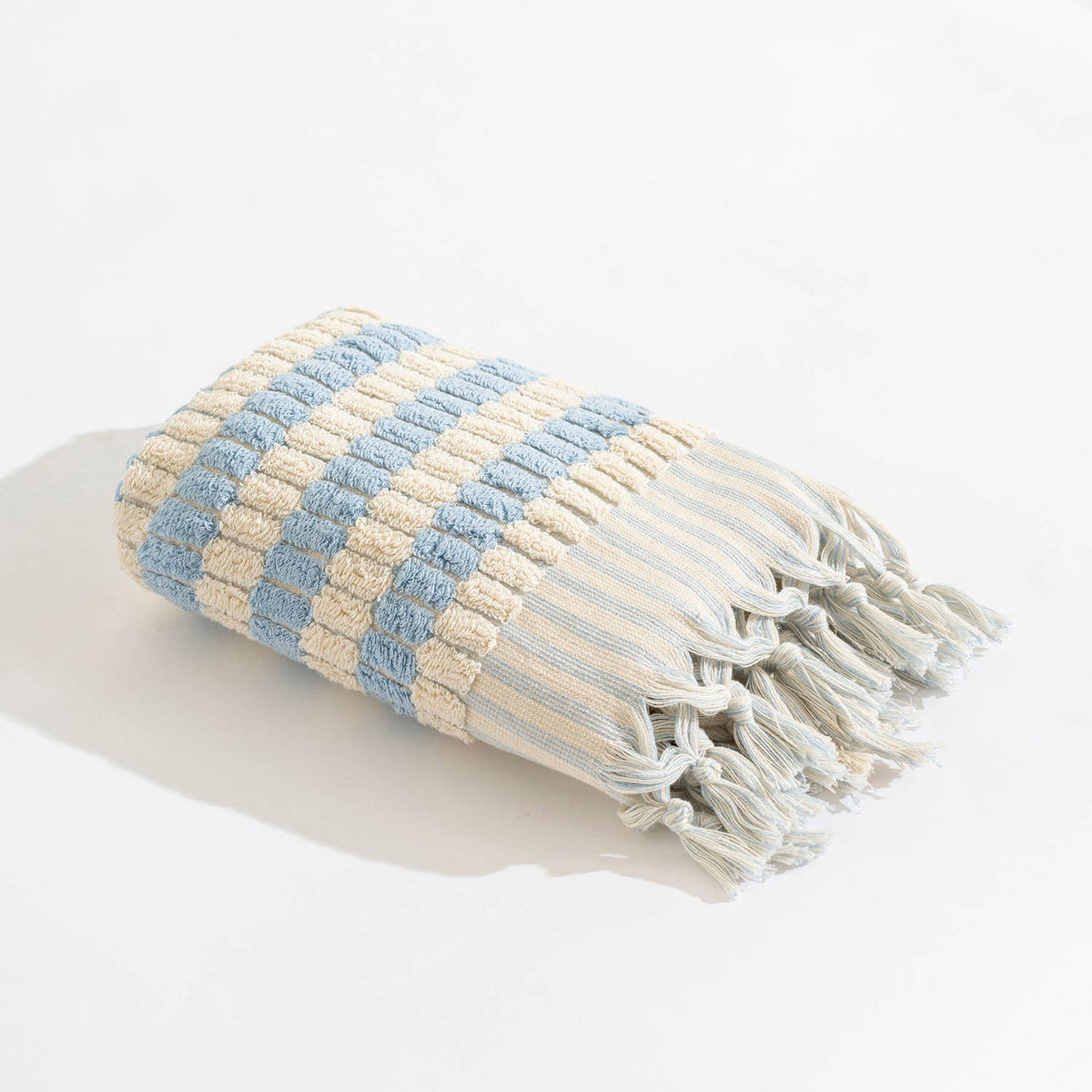 Lokum pompom Turkish hand towel, 17x38 in, handloomed check with pompom fringe | Kikoya