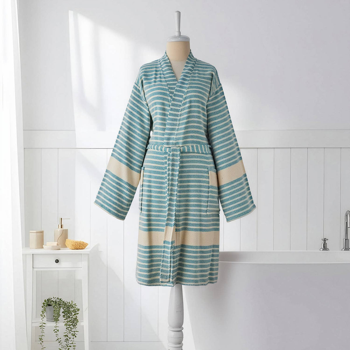 Midas Turkish cotton bathrobe in green stripe – kimono | Kikoya