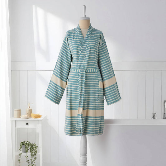 Midas Turkish cotton bathrobe in green stripe – kimono | Kikoya