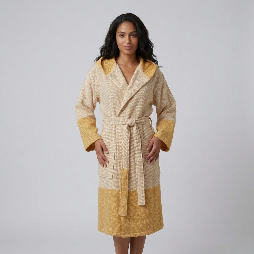 Diamond terry-backed Turkish bathrobe – color-block hooded robe | Kikoya