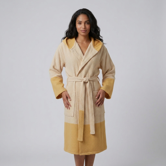 Diamond terry-backed Turkish bathrobe – color-block hooded robe | Kikoya