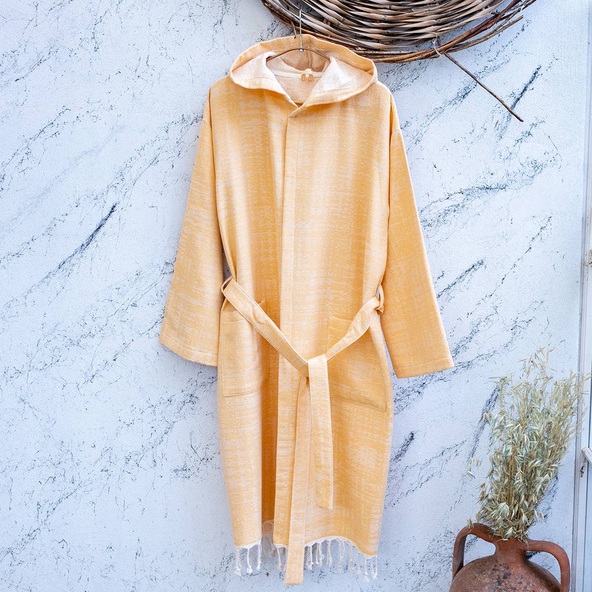 Vintage terry-backed Turkish bathrobe, hooded, washed finish | Kikoya