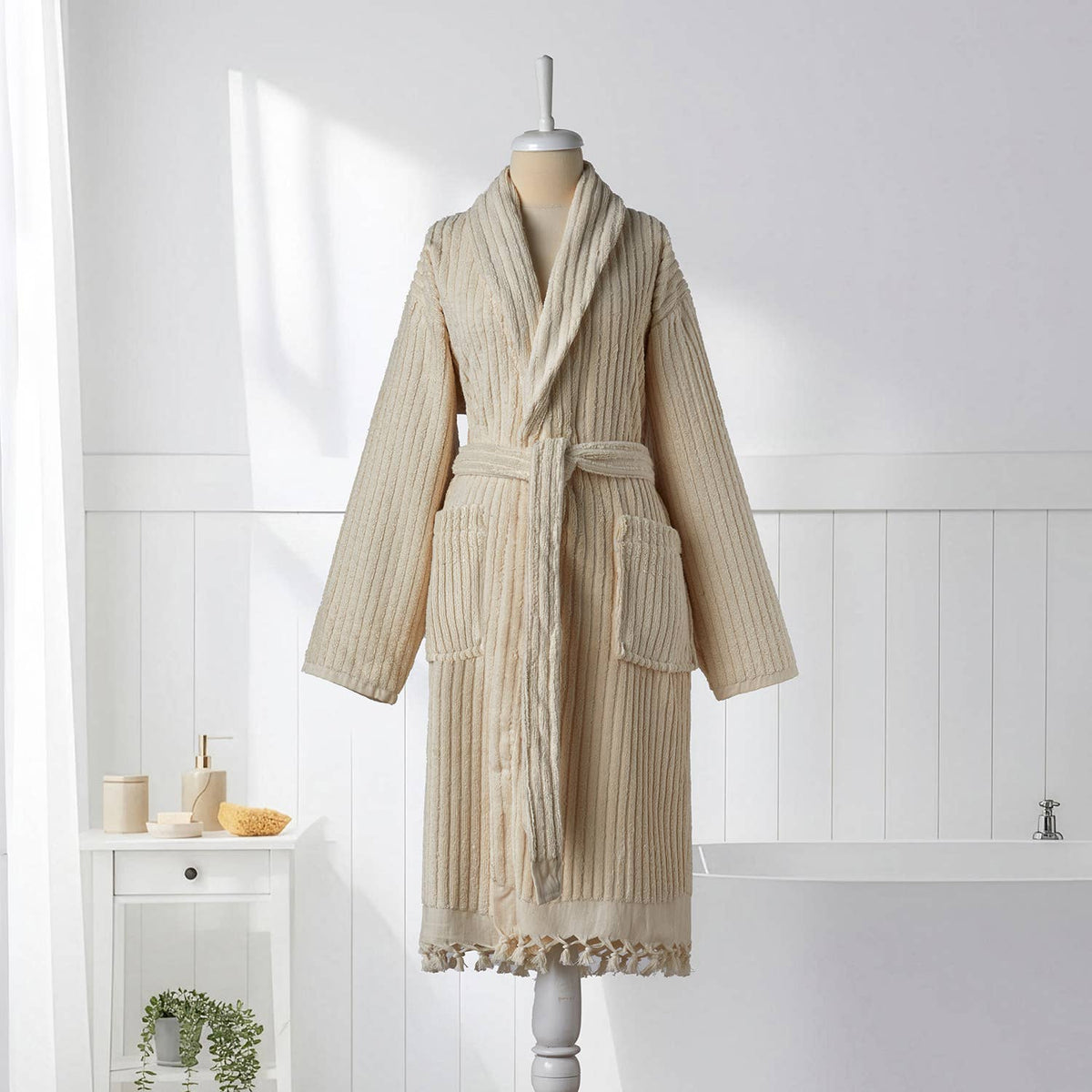 Pompom Turkish bathrobe – Natural Stripe, Shawl Collar, front view | Kikoya
