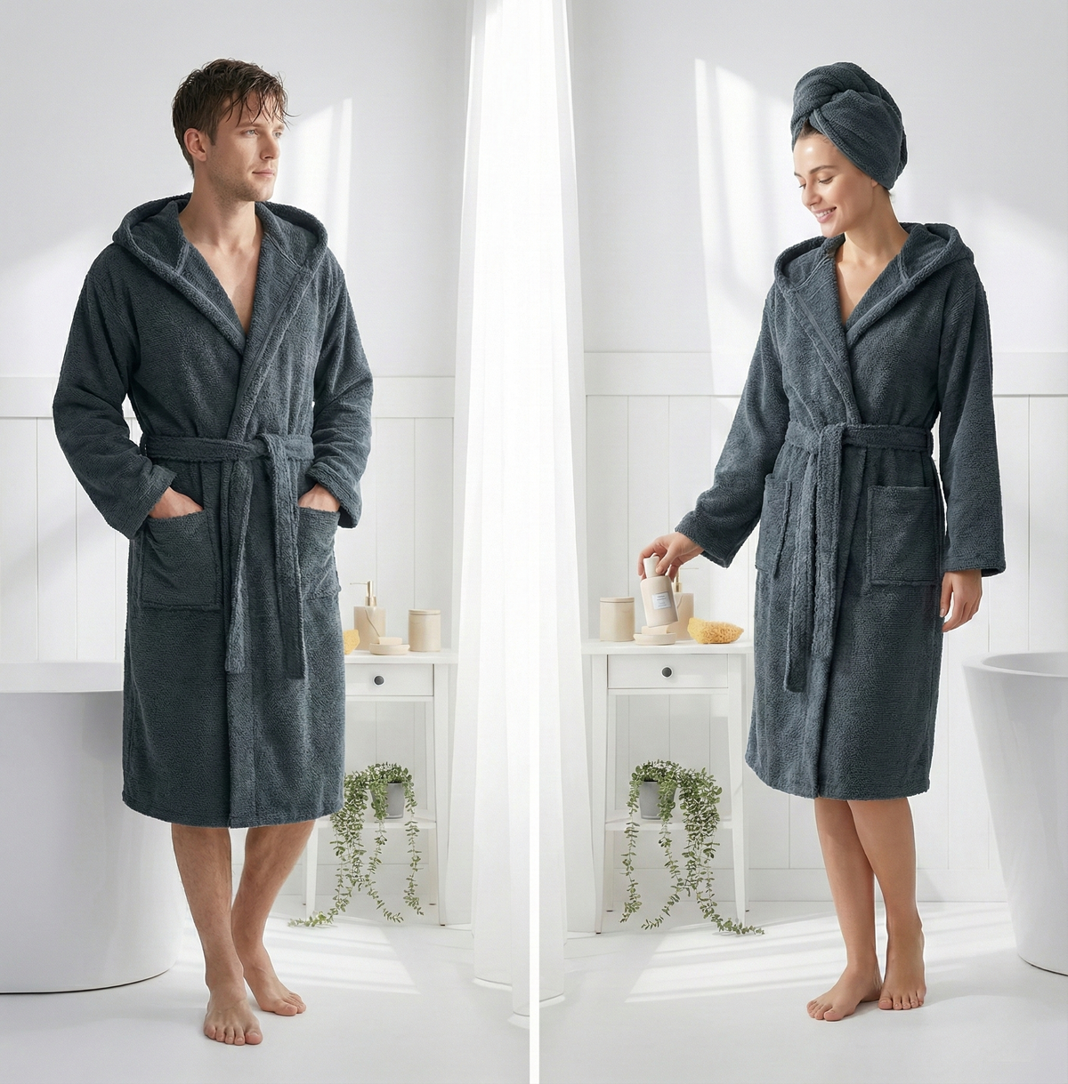 Pompom Turkish bathrobe – Pebble, Hooded, front view | Kikoya