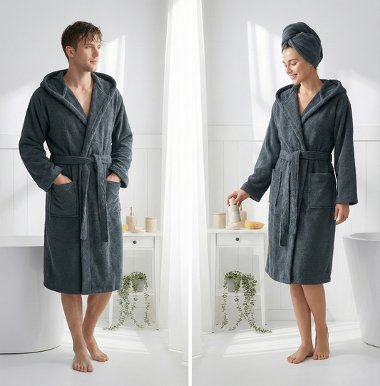 Pompom Turkish bathrobe – Pebble, Hooded, front view | Kikoya