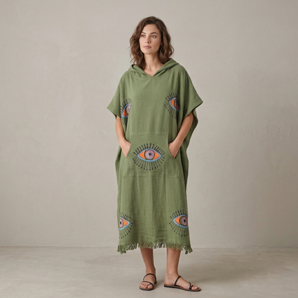 Block-print Eye Adult Hooded Changing Poncho – Print, front view | Kikoya