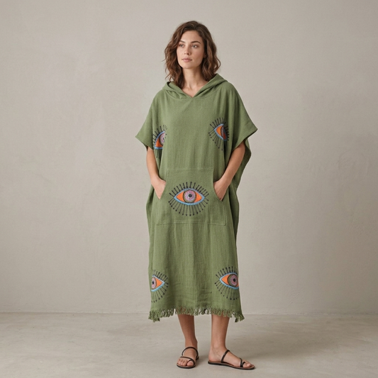 Block-print Eye Adult Hooded Changing Poncho – Print, front view | Kikoya